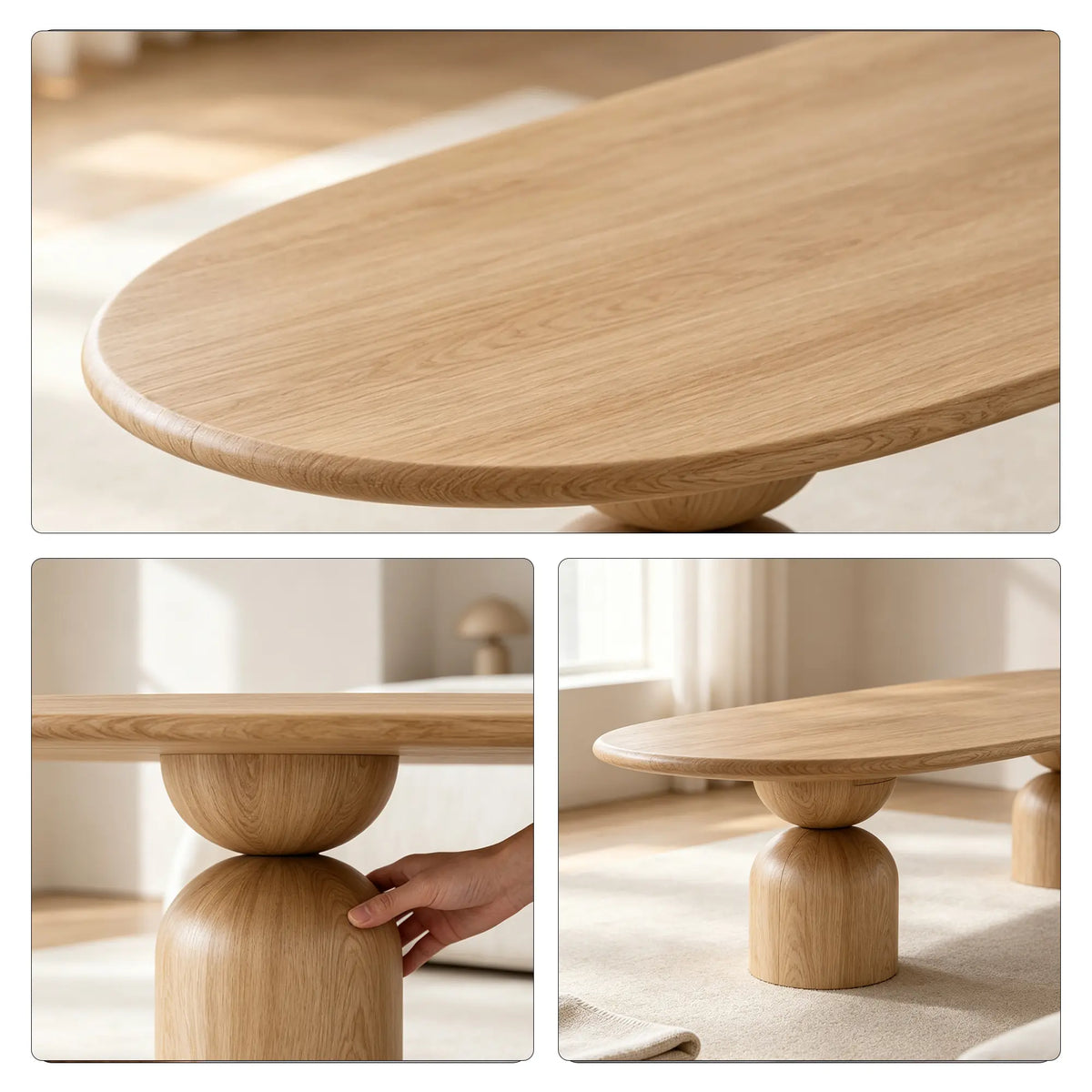 LIVARA Modern Solid Wood Dining Table Oval Top Sculptural Column Base Natural Wood Design for Dining Room Living Room Meeting Space