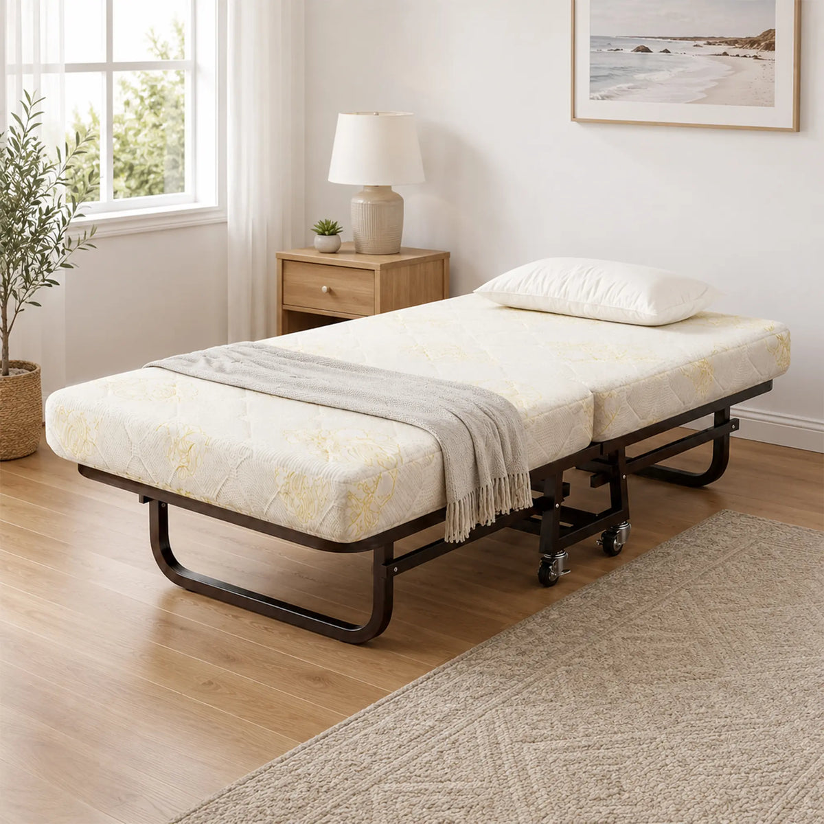 LIVARA Folding Single Bed - 8cm Thick Foam Mattress with Reinforced Steel Frame & Lockable Wheels - 100/120cm for Guest Room & Office - Beige