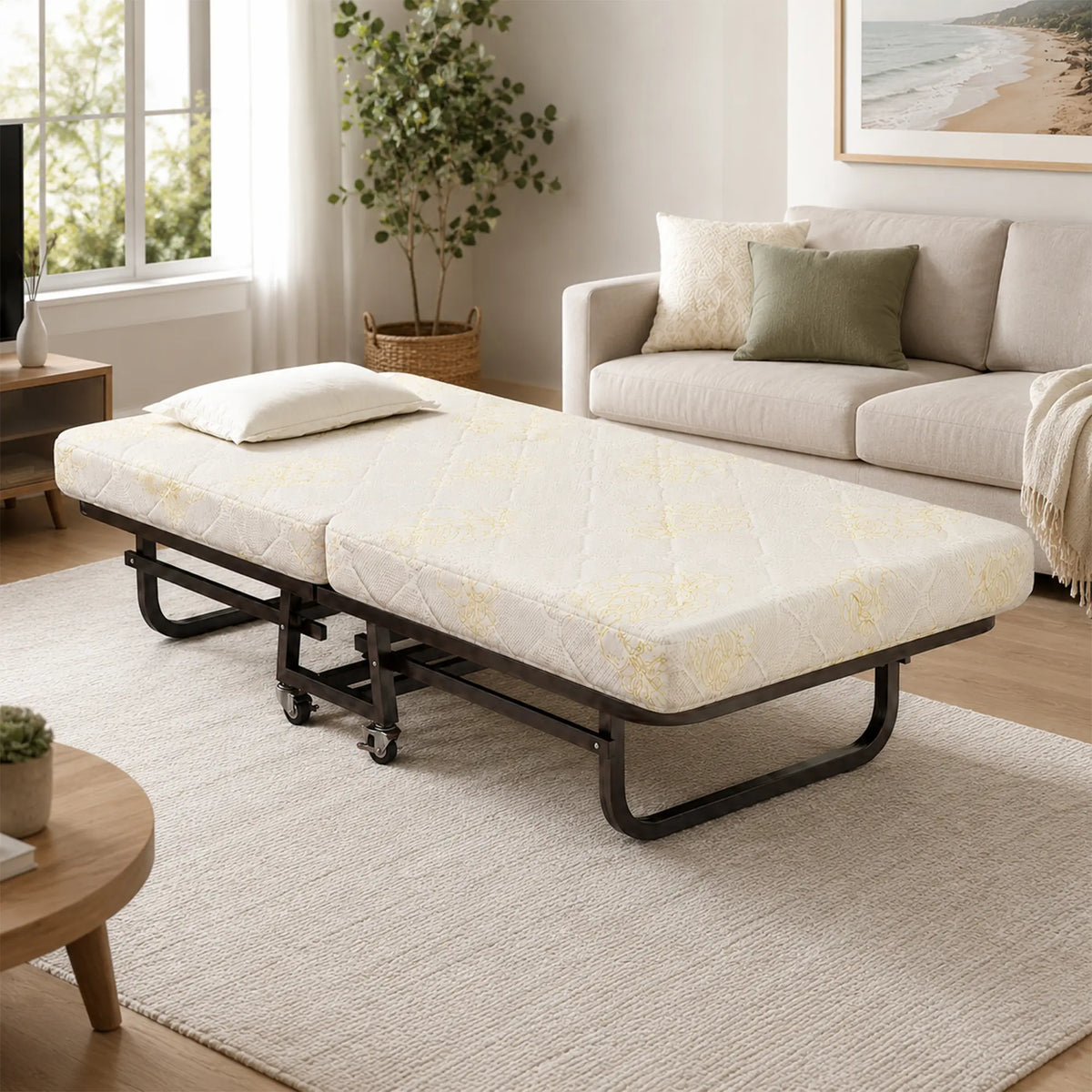 LIVARA Folding Single Bed - 8cm Thick Foam Mattress with Reinforced Steel Frame & Lockable Wheels - 100/120cm for Guest Room & Office - Beige