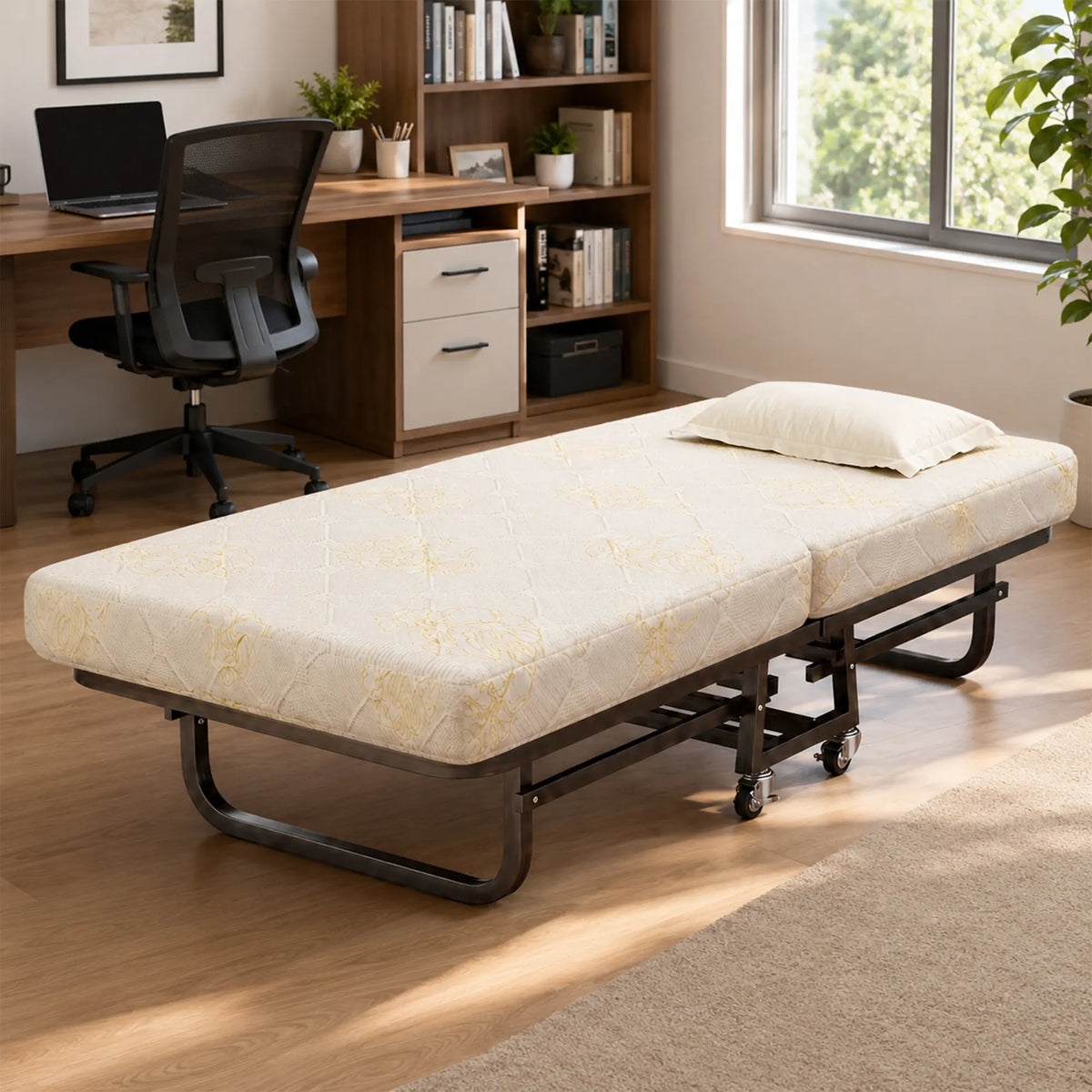 LIVARA Folding Single Bed - 8cm Thick Foam Mattress with Reinforced Steel Frame & Lockable Wheels - 100/120cm for Guest Room & Office - Beige
