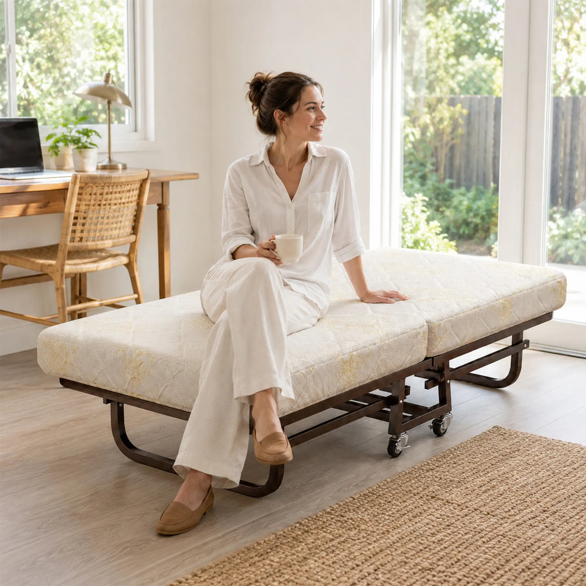 LIVARA Folding Single Bed - 8cm Thick Foam Mattress with Reinforced Steel Frame & Lockable Wheels - 100/120cm for Guest Room & Office - Beige