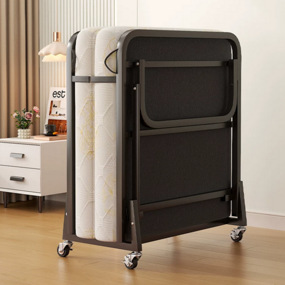 LIVARA Folding Single Bed - 8cm Thick Foam Mattress with Reinforced Steel Frame & Lockable Wheels - 100/120cm for Guest Room & Office - Beige