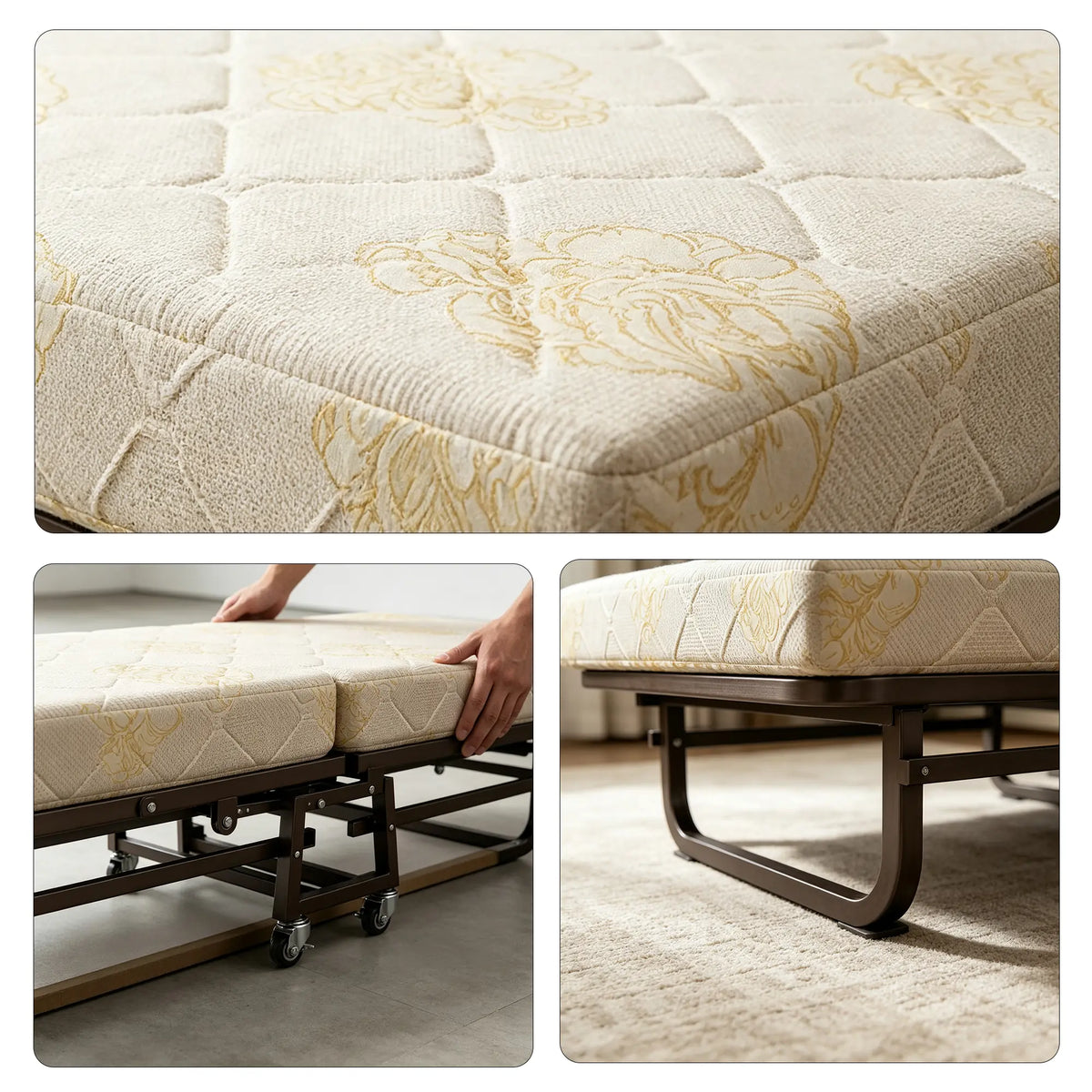 LIVARA Folding Single Bed - 8cm Thick Foam Mattress with Reinforced Steel Frame & Lockable Wheels - 100/120cm for Guest Room & Office - Beige