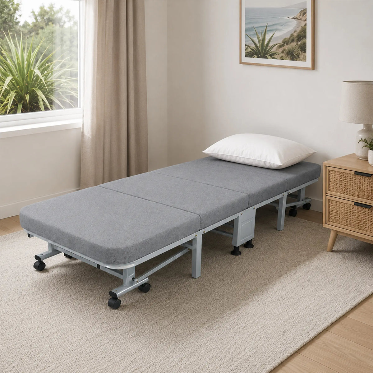 LIVARA Folding Single Bed 3.5cm Coconut Coir & Foam Mattress with Cotton-Linen Fabric - 80/90cm Space-Saving Rollaway Bed for Home & Office - Grey