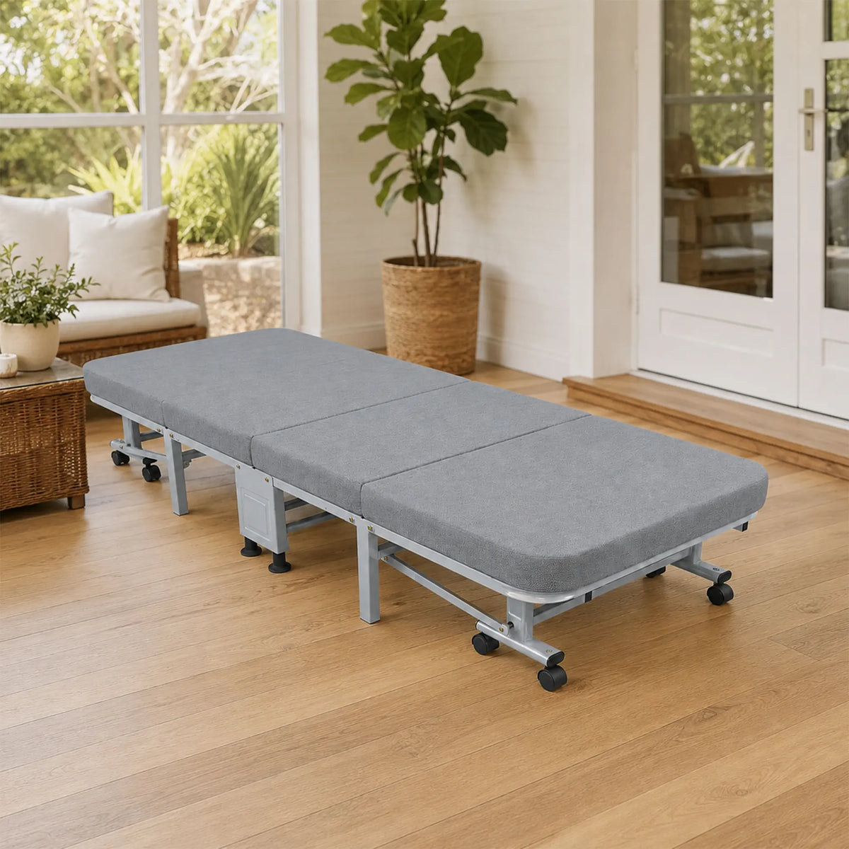 LIVARA Folding Single Bed 3.5cm Coconut Coir & Foam Mattress with Cotton-Linen Fabric - 80/90cm Space-Saving Rollaway Bed for Home & Office - Grey