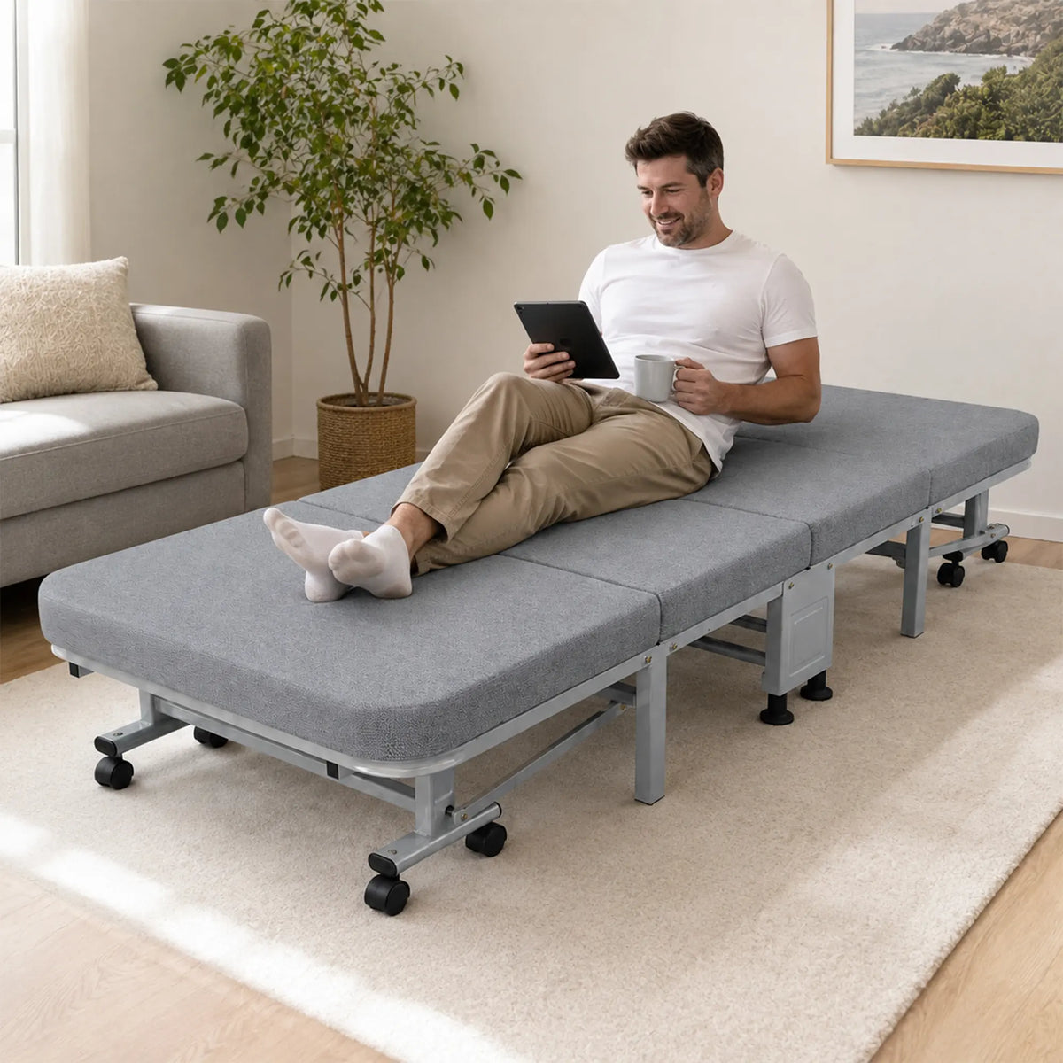 LIVARA Folding Single Bed 3.5cm Coconut Coir & Foam Mattress with Cotton-Linen Fabric - 80/90cm Space-Saving Rollaway Bed for Home & Office - Grey