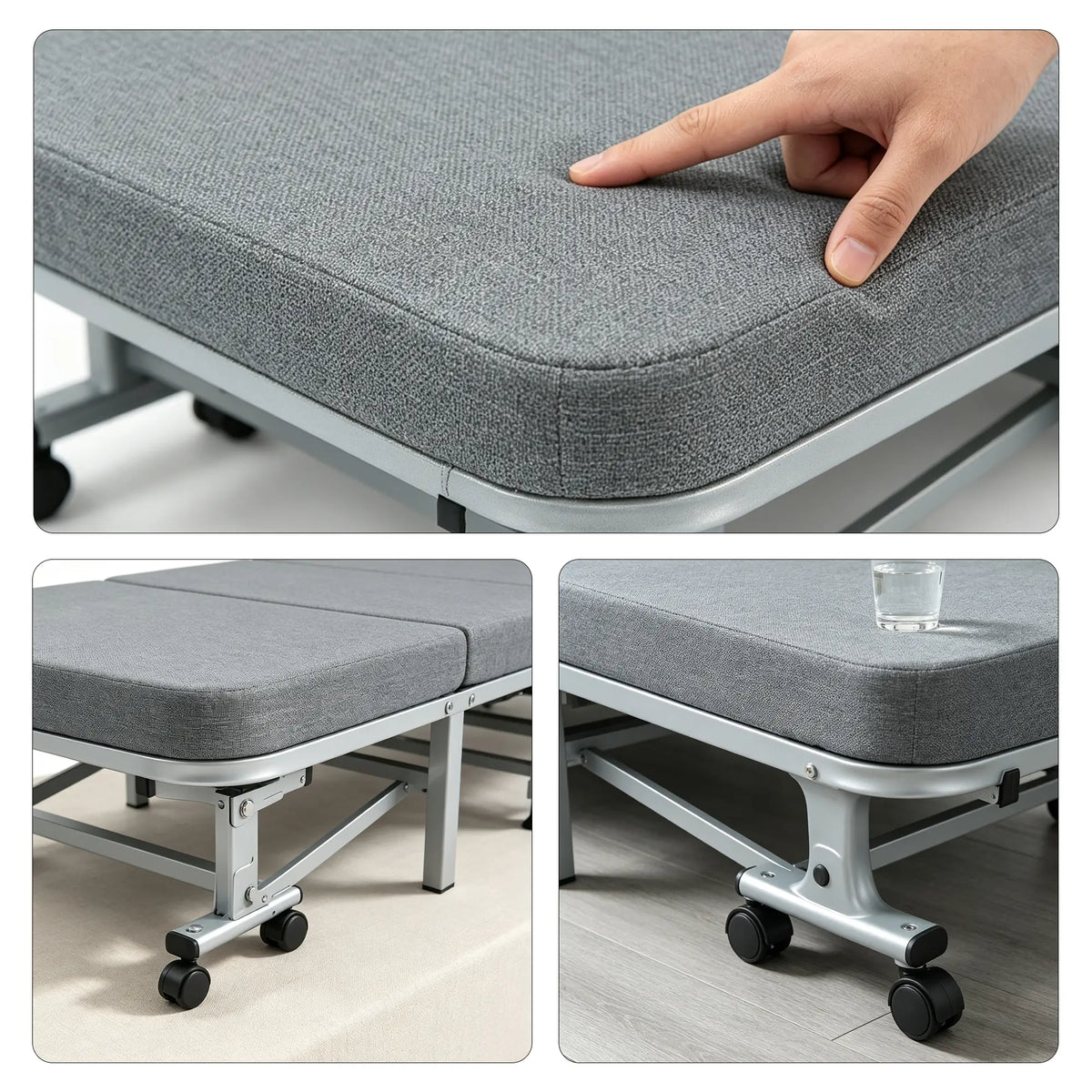 LIVARA Folding Single Bed 3.5cm Coconut Coir & Foam Mattress with Cotton-Linen Fabric - 80/90cm Space-Saving Rollaway Bed for Home & Office - Grey