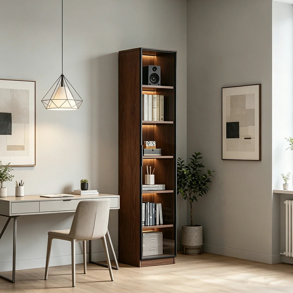 LIVARA 40cm Single Door Display Cabinet - Tempered Glass Storage with LED Lighting Slim Design for Living Room - Walnut