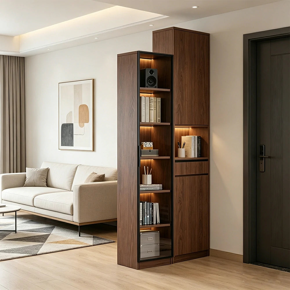 LIVARA 40cm Single Door Display Cabinet - Tempered Glass Storage with LED Lighting Slim Design for Living Room - Walnut