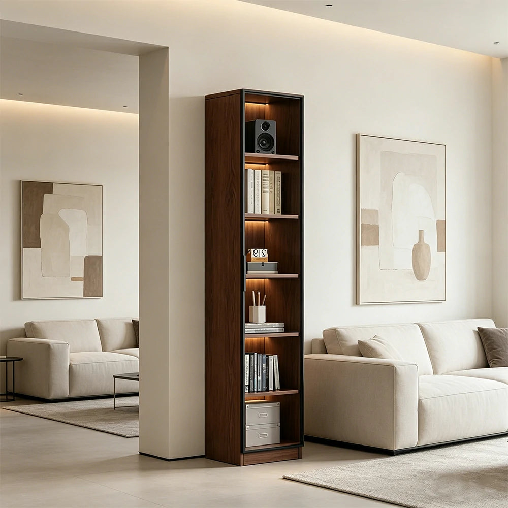 LIVARA 40cm Single Door Display Cabinet - Tempered Glass Storage with LED Lighting Slim Design for Living Room - Walnut