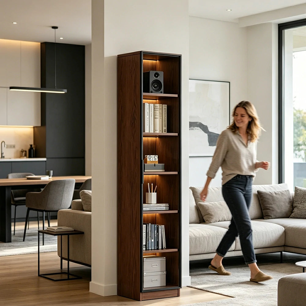 LIVARA 40cm Single Door Display Cabinet - Tempered Glass Storage with LED Lighting Slim Design for Living Room - Walnut