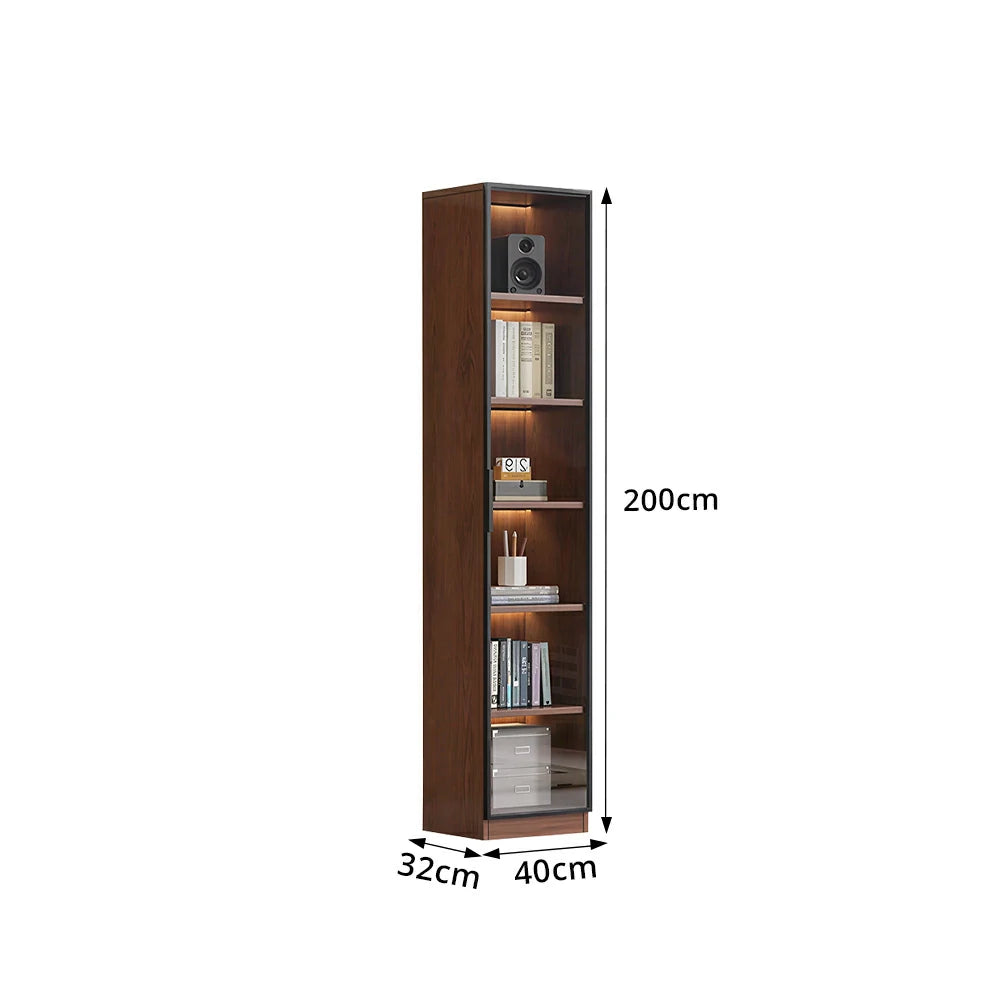 LIVARA 40cm Single Door Display Cabinet - Tempered Glass Storage with LED Lighting Slim Design for Living Room - Walnut