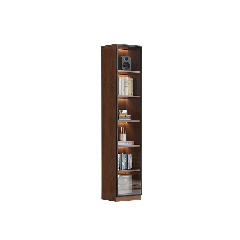 LIVARA 40cm Single Door Display Cabinet - Tempered Glass Storage with LED Lighting Slim Design for Living Room - Walnut