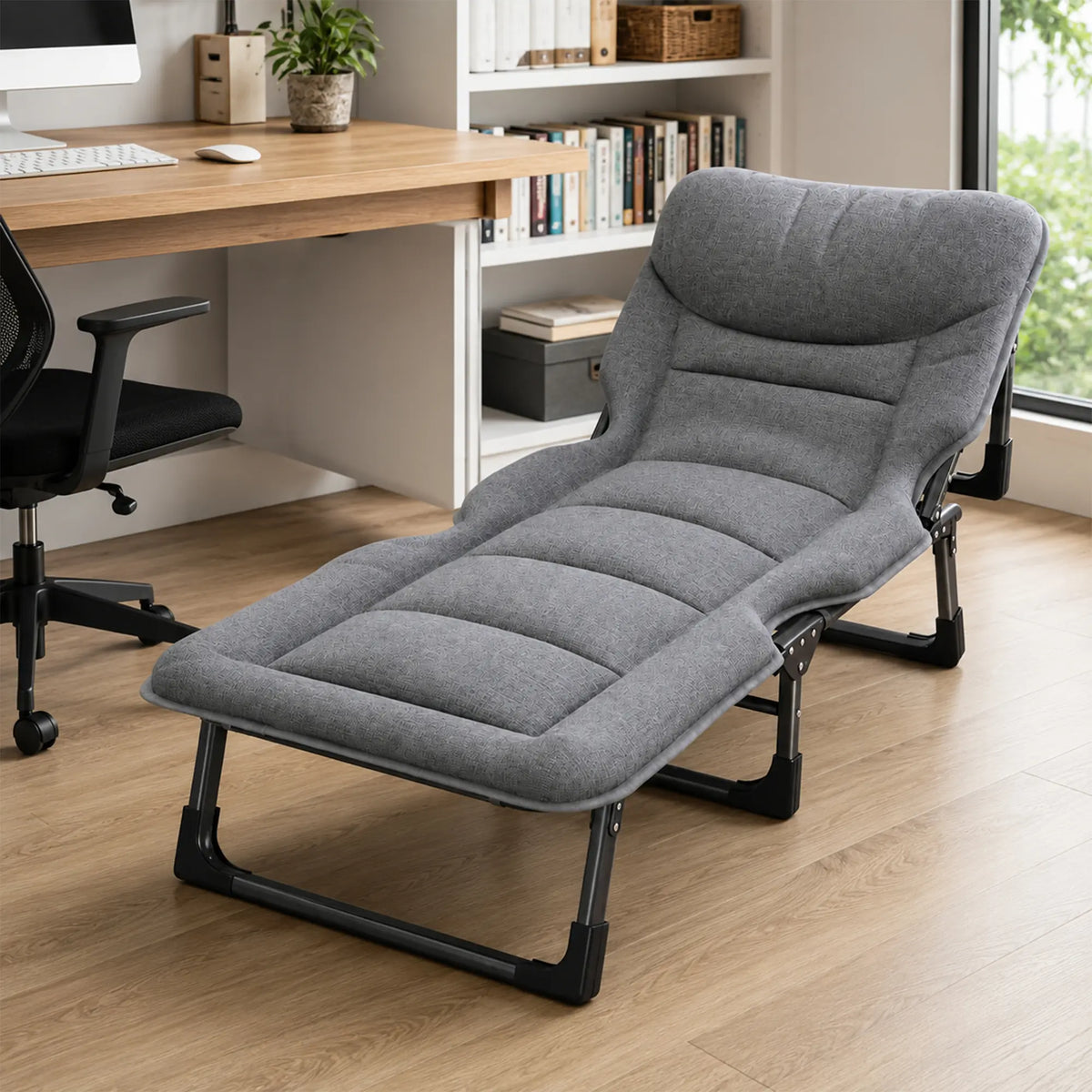 LIVARA Folding Lounge Bed Chair 4-Position Adjustable Backrest with Integrated Mattress & Headrest - 175cm Recliner for Home & Office - Grey