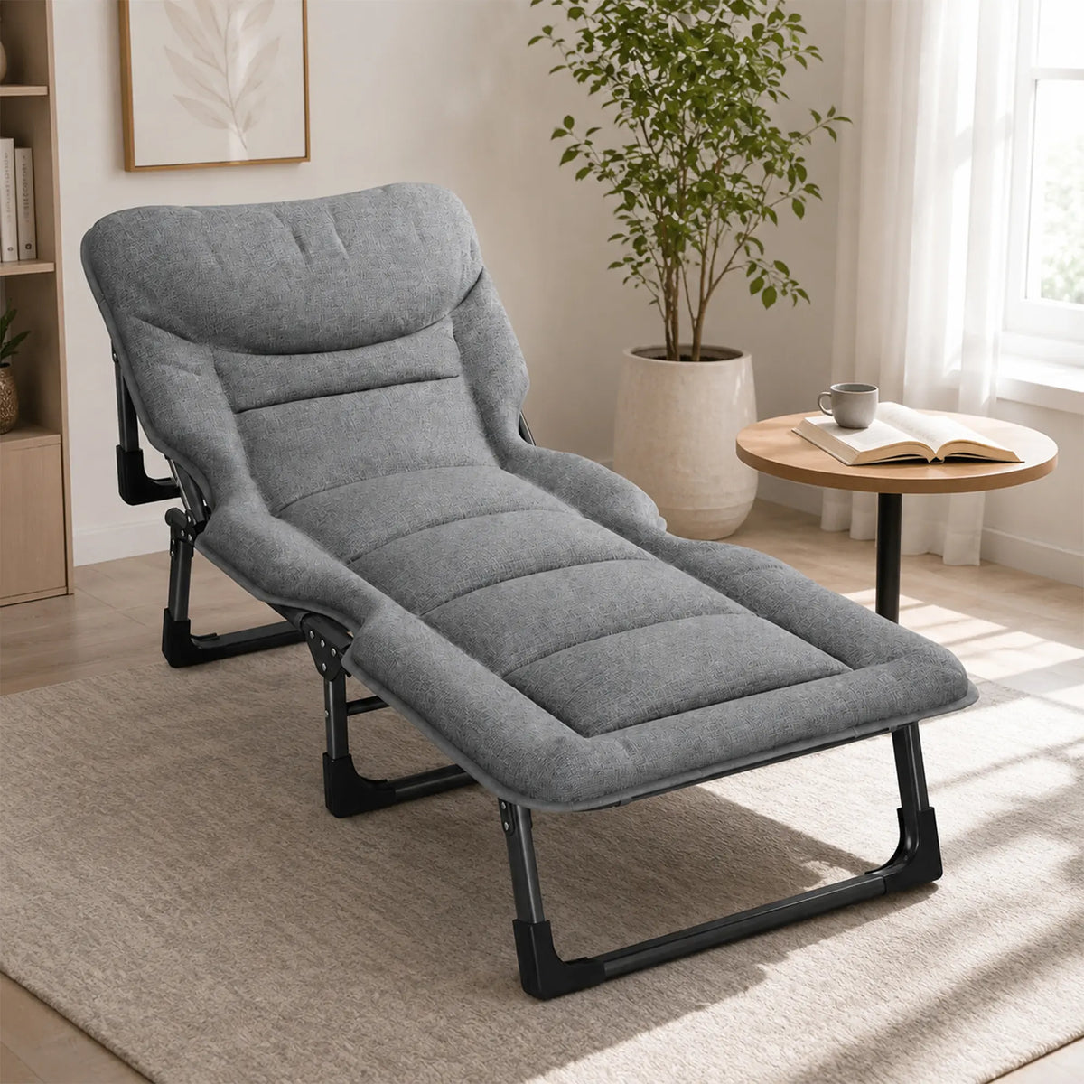 LIVARA Folding Lounge Bed Chair 4-Position Adjustable Backrest with Integrated Mattress & Headrest - 175cm Recliner for Home & Office - Grey