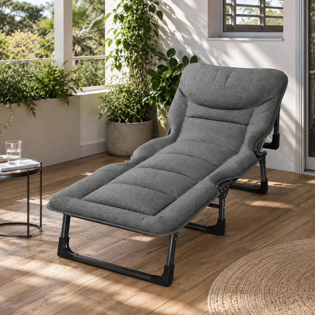 LIVARA Folding Lounge Bed Chair 4-Position Adjustable Backrest with Integrated Mattress & Headrest - 175cm Recliner for Home & Office - Grey