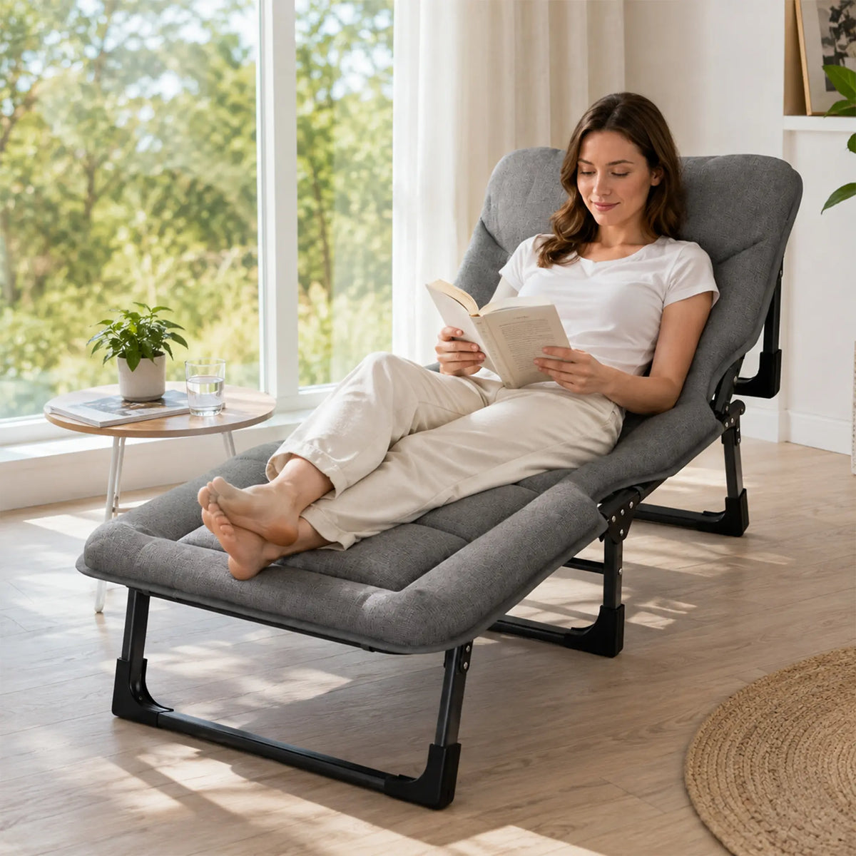 LIVARA Folding Lounge Bed Chair 4-Position Adjustable Backrest with Integrated Mattress & Headrest - 175cm Recliner for Home & Office - Grey