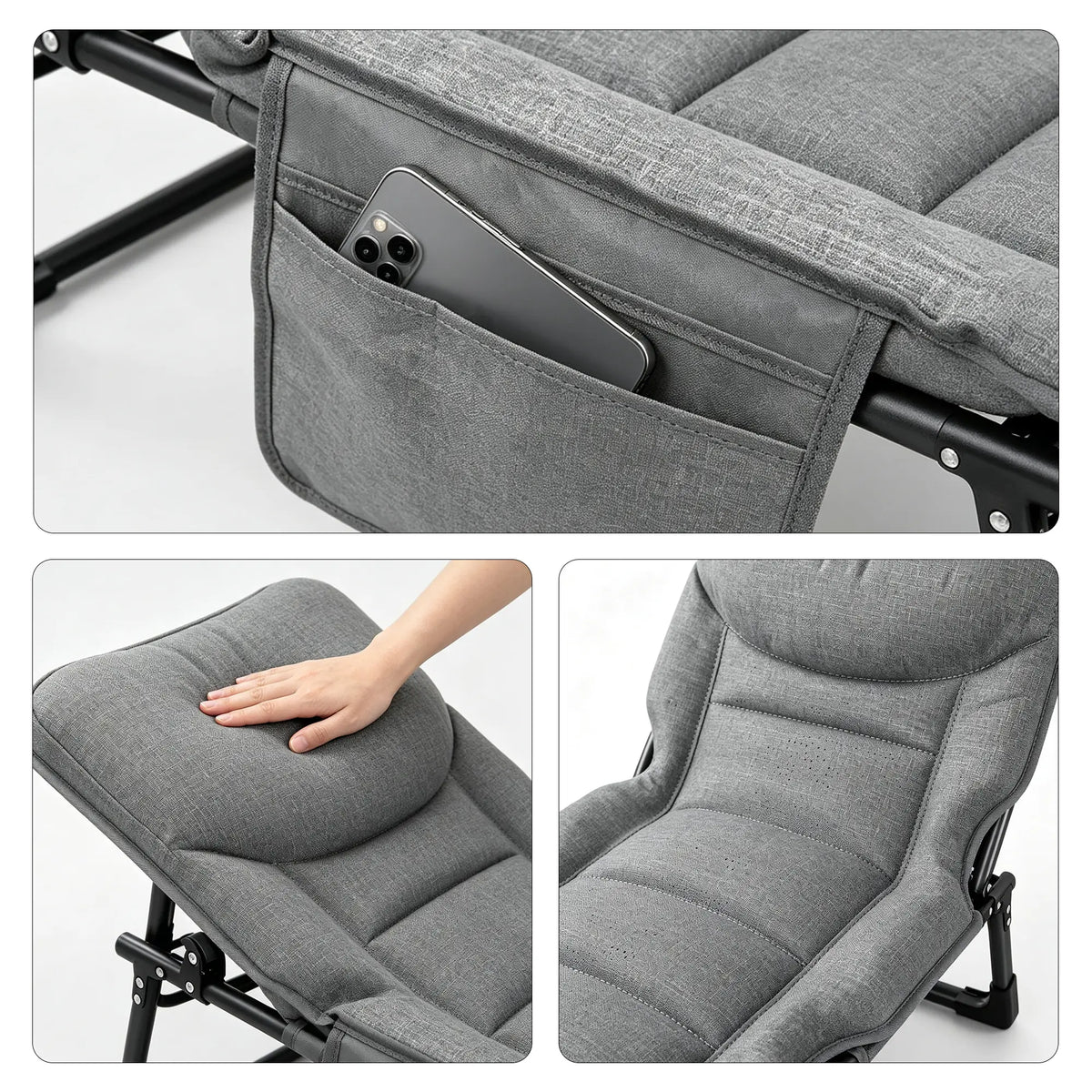 LIVARA Folding Lounge Bed Chair 4-Position Adjustable Backrest with Integrated Mattress & Headrest - 175cm Recliner for Home & Office - Grey