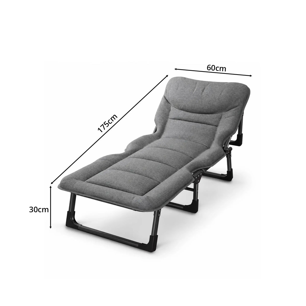 LIVARA Folding Lounge Bed Chair 4-Position Adjustable Backrest with Integrated Mattress & Headrest - 175cm Recliner for Home & Office - Grey