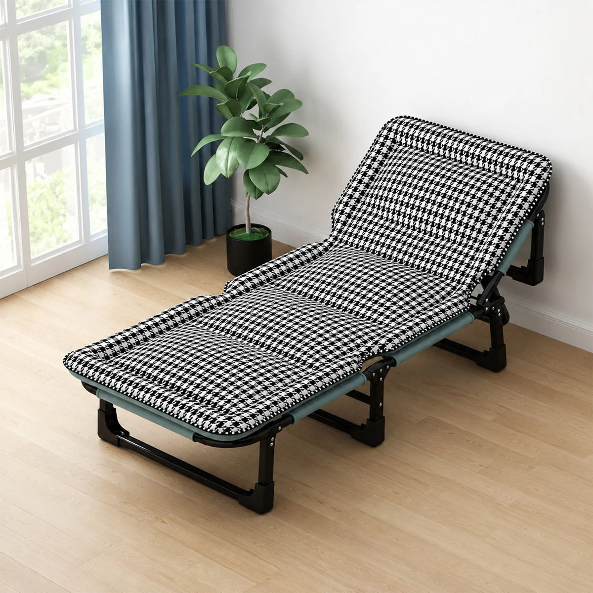 LIVARA Folding Lounge Bed Chair 4-Position Adjustable Backrest with Integrated Padded Mattress & Steel Frame - 175x56cm for Home & Office - Black & White