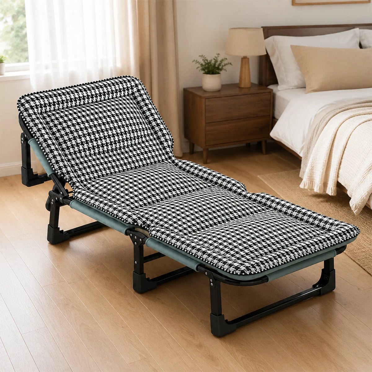 LIVARA Folding Lounge Bed Chair 4-Position Adjustable Backrest with Integrated Padded Mattress & Steel Frame - 175x56cm for Home & Office - Black & White
