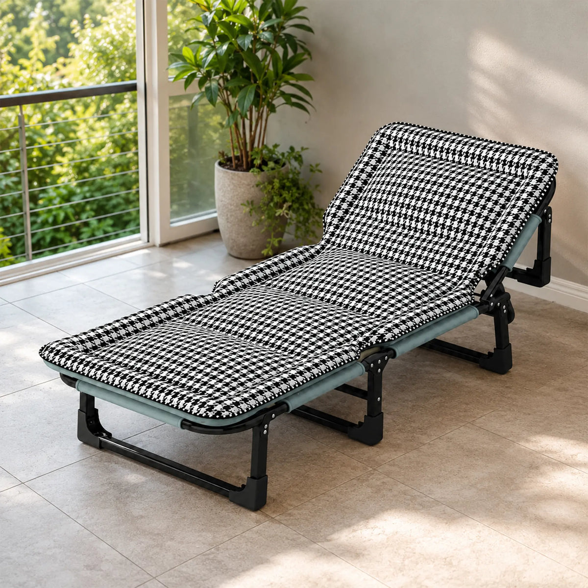 LIVARA Folding Lounge Bed Chair 4-Position Adjustable Backrest with Integrated Padded Mattress & Steel Frame - 175x56cm for Home & Office - Black & White