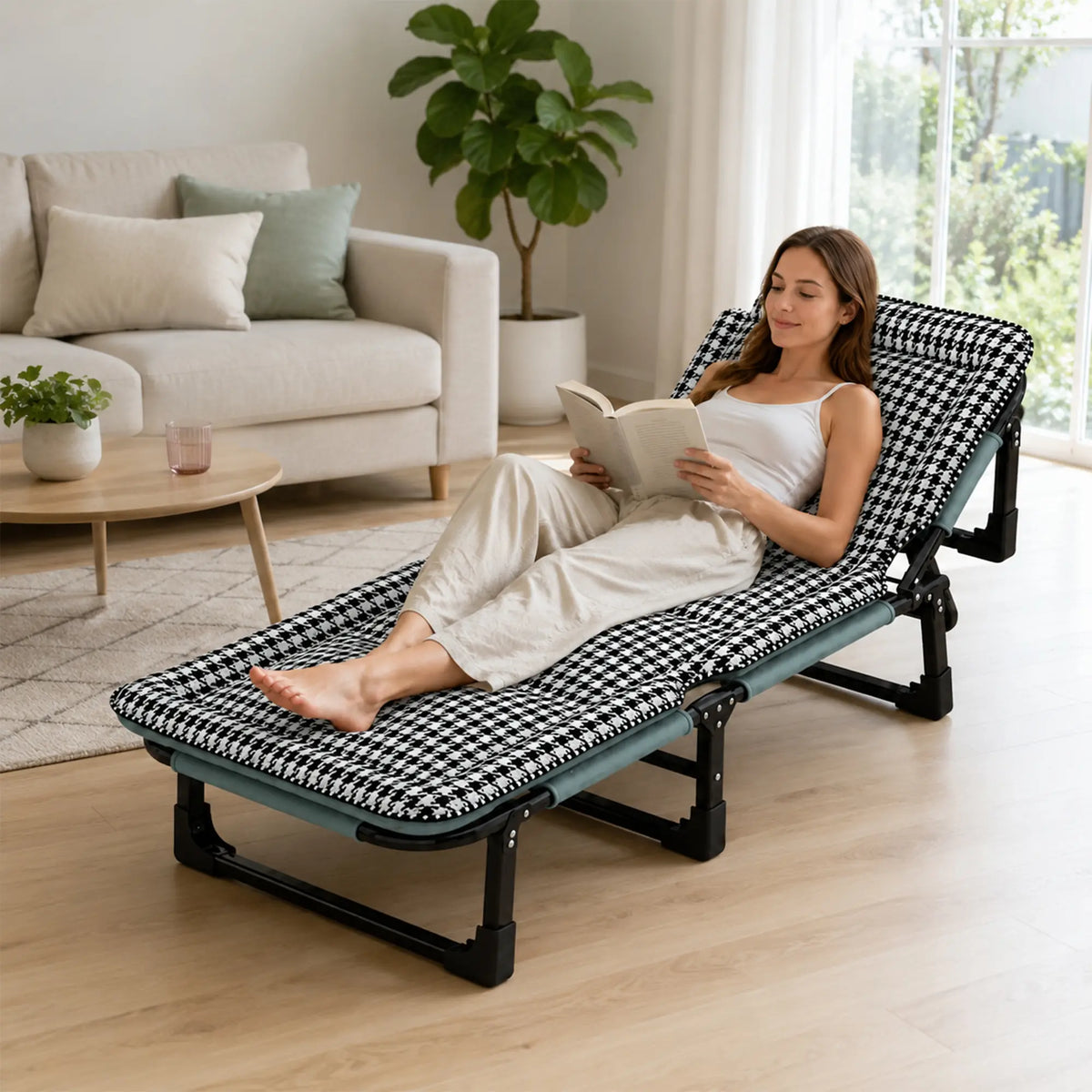 LIVARA Folding Lounge Bed Chair 4-Position Adjustable Backrest with Integrated Padded Mattress & Steel Frame - 175x56cm for Home & Office - Black & White