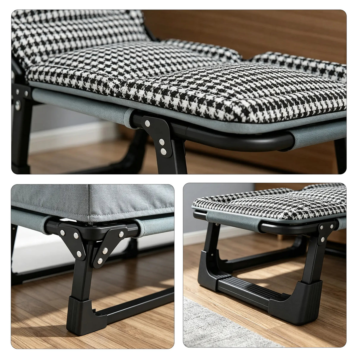 LIVARA Folding Lounge Bed Chair 4-Position Adjustable Backrest with Integrated Padded Mattress & Steel Frame - 175x56cm for Home & Office - Black & White