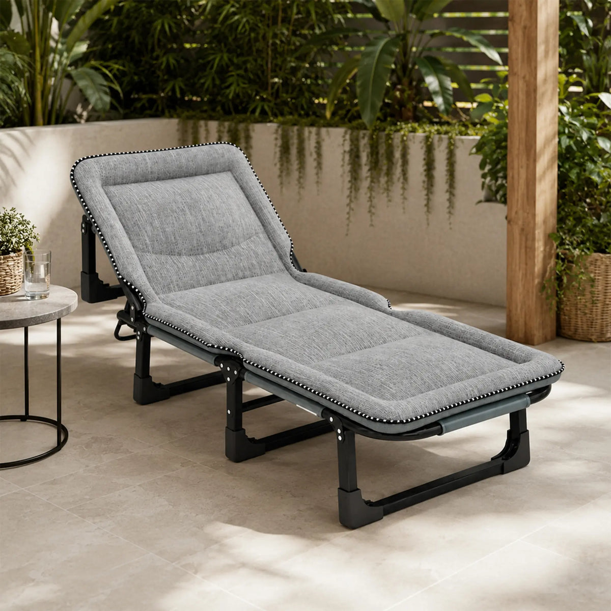 LIVARA Folding Lounge Bed Chair 4-Position Adjustable Backrest with Integrated Padded Mattress & Steel Frame - 175x56cm for Home & Office - Light Grey