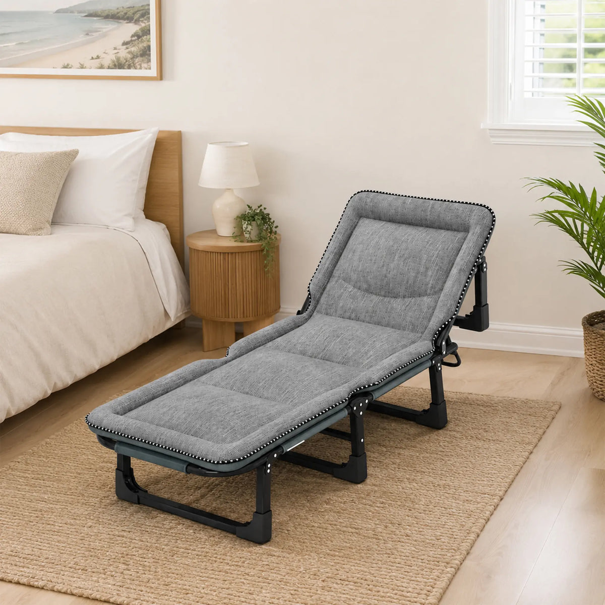 LIVARA Folding Lounge Bed Chair 4-Position Adjustable Backrest with Integrated Padded Mattress & Steel Frame - 175x56cm for Home & Office - Light Grey