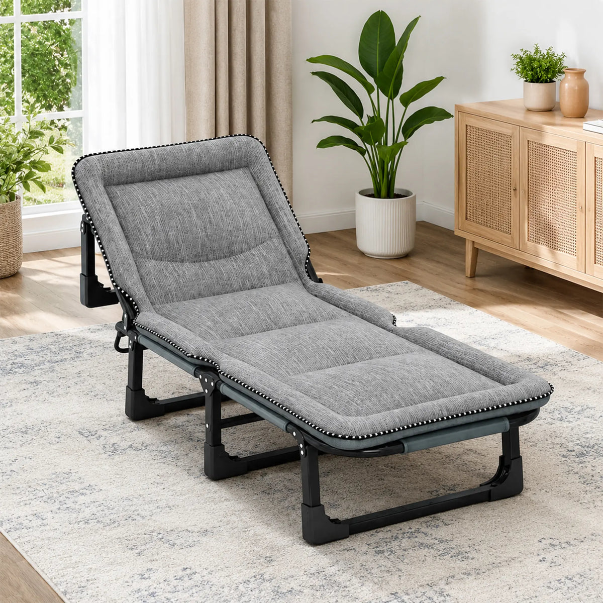 LIVARA Folding Lounge Bed Chair 4-Position Adjustable Backrest with Integrated Padded Mattress & Steel Frame - 175x56cm for Home & Office - Light Grey