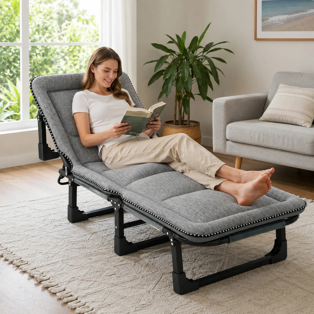 LIVARA Folding Lounge Bed Chair 4-Position Adjustable Backrest with Integrated Padded Mattress & Steel Frame - 175x56cm for Home & Office - Light Grey