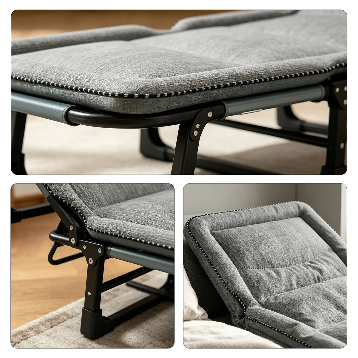 LIVARA Folding Lounge Bed Chair 4-Position Adjustable Backrest with Integrated Padded Mattress & Steel Frame - 175x56cm for Home & Office - Light Grey