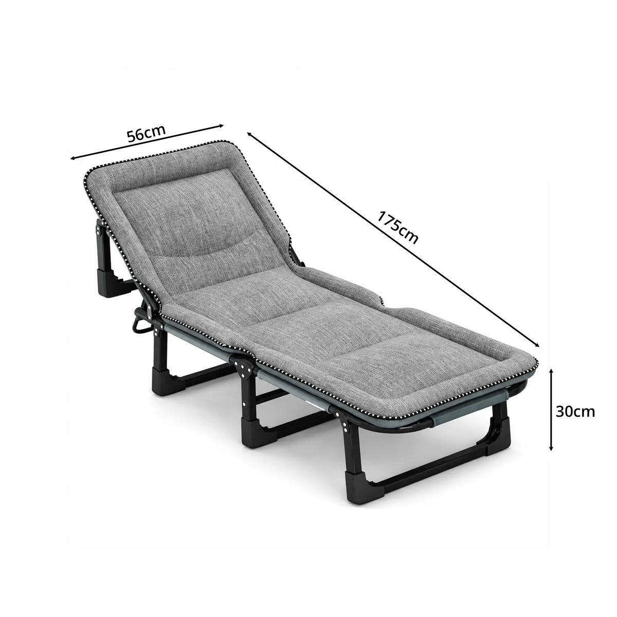LIVARA Folding Lounge Bed Chair 4-Position Adjustable Backrest with Integrated Padded Mattress & Steel Frame - 175x56cm for Home & Office - Light Grey