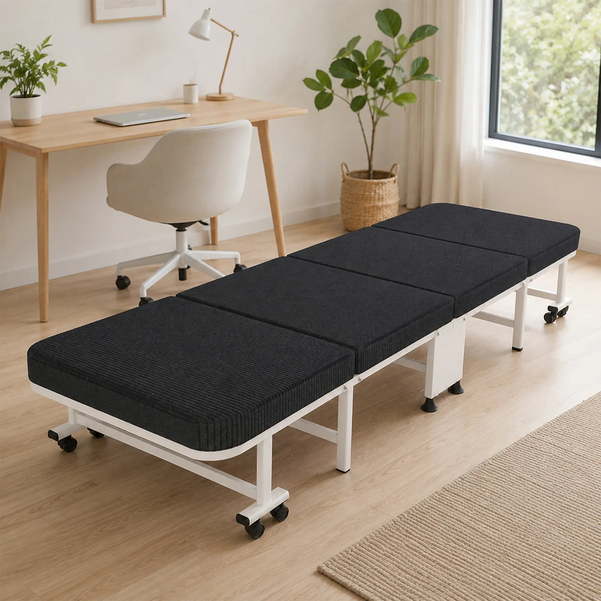 LIVARA Folding Single Bed 5-Position Adjustable Backrest, Foam Mattress & Steel Frame - 60/90cm Rollaway Bed for Home & Hospital - Black