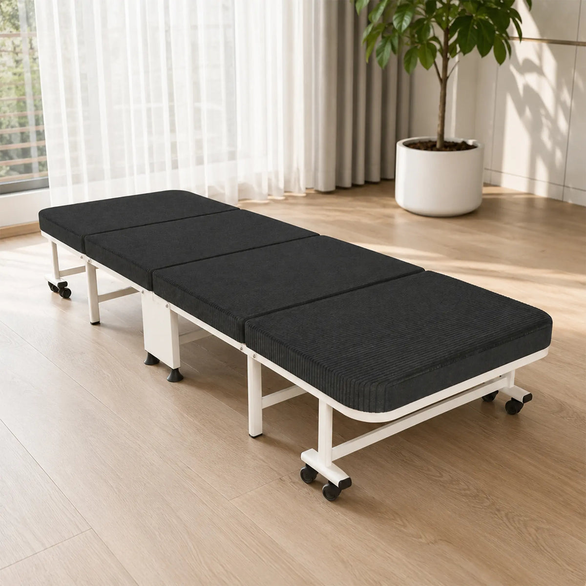 LIVARA Folding Single Bed 5-Position Adjustable Backrest, Foam Mattress & Steel Frame - 60/90cm Rollaway Bed for Home & Hospital - Black
