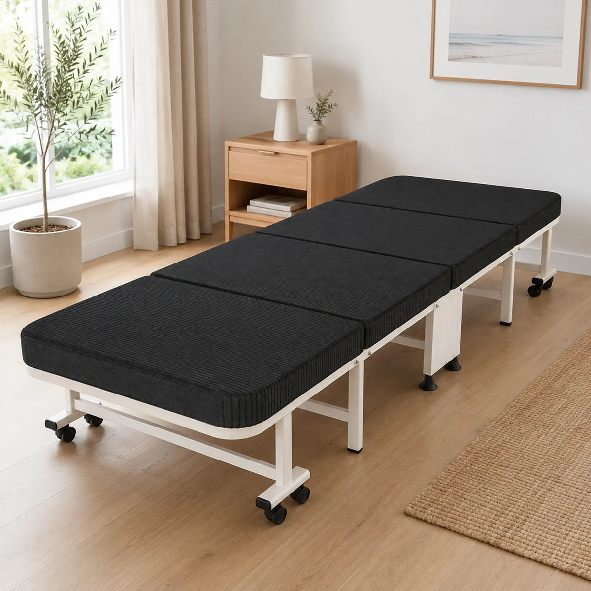LIVARA Folding Single Bed 5-Position Adjustable Backrest, Foam Mattress & Steel Frame - 60/90cm Rollaway Bed for Home & Hospital - Black