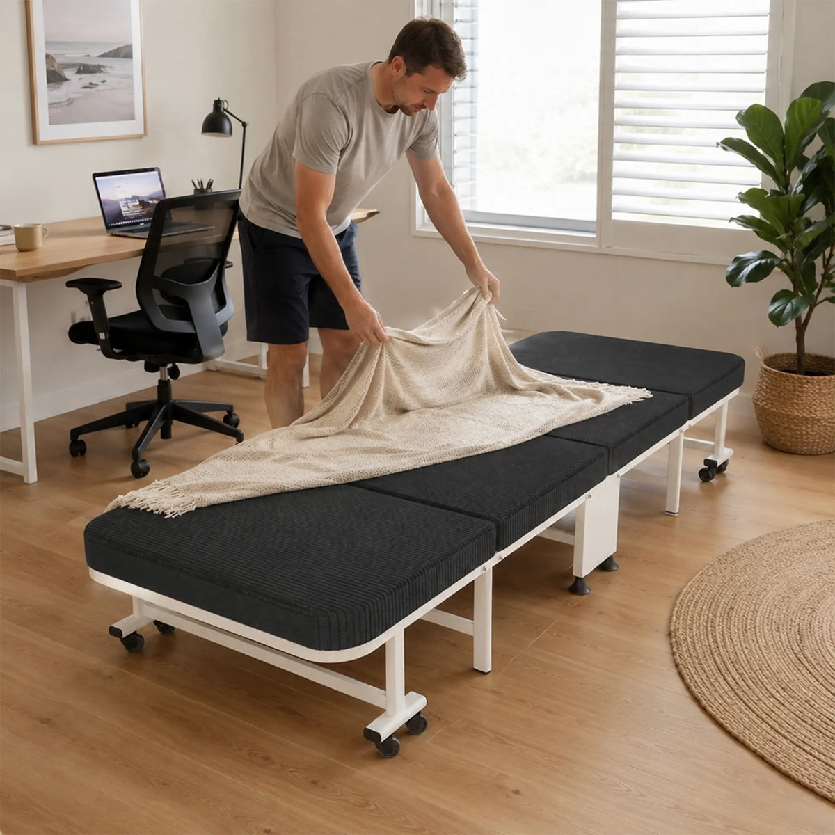 LIVARA Folding Single Bed 5-Position Adjustable Backrest, Foam Mattress & Steel Frame - 60/90cm Rollaway Bed for Home & Hospital - Black