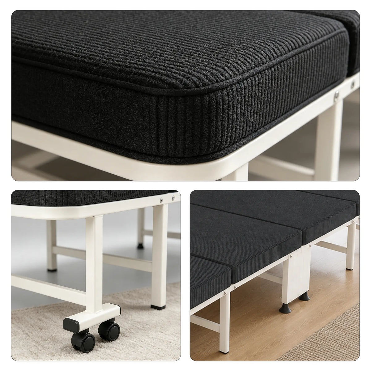 LIVARA Folding Single Bed 5-Position Adjustable Backrest, Foam Mattress & Steel Frame - 60/90cm Rollaway Bed for Home & Hospital - Black