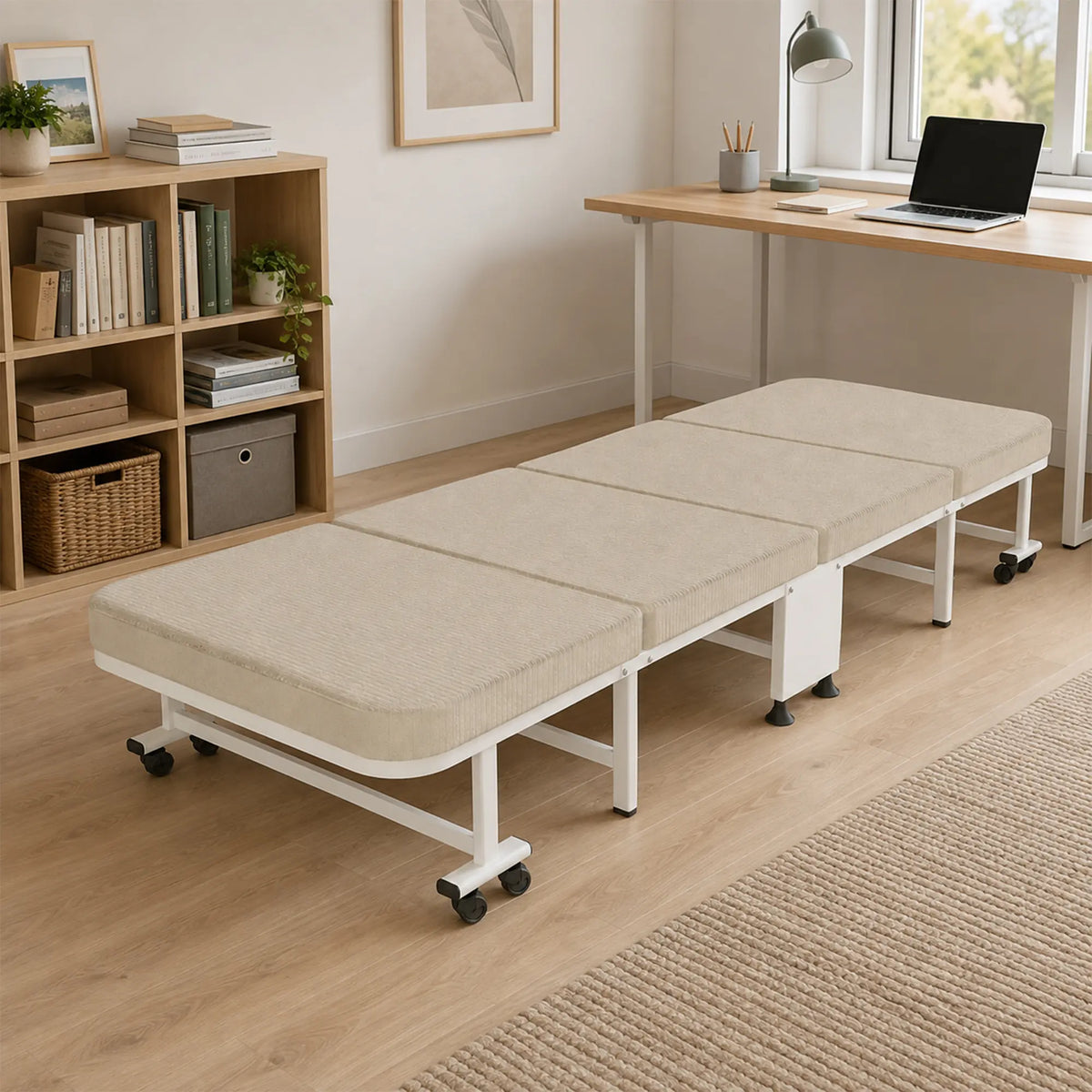 LIVARA Folding Single Bed 5-Position Adjustable Backrest, Foam Mattress & Steel Frame - 60/90cm Rollaway Bed for Home & Hospital - White