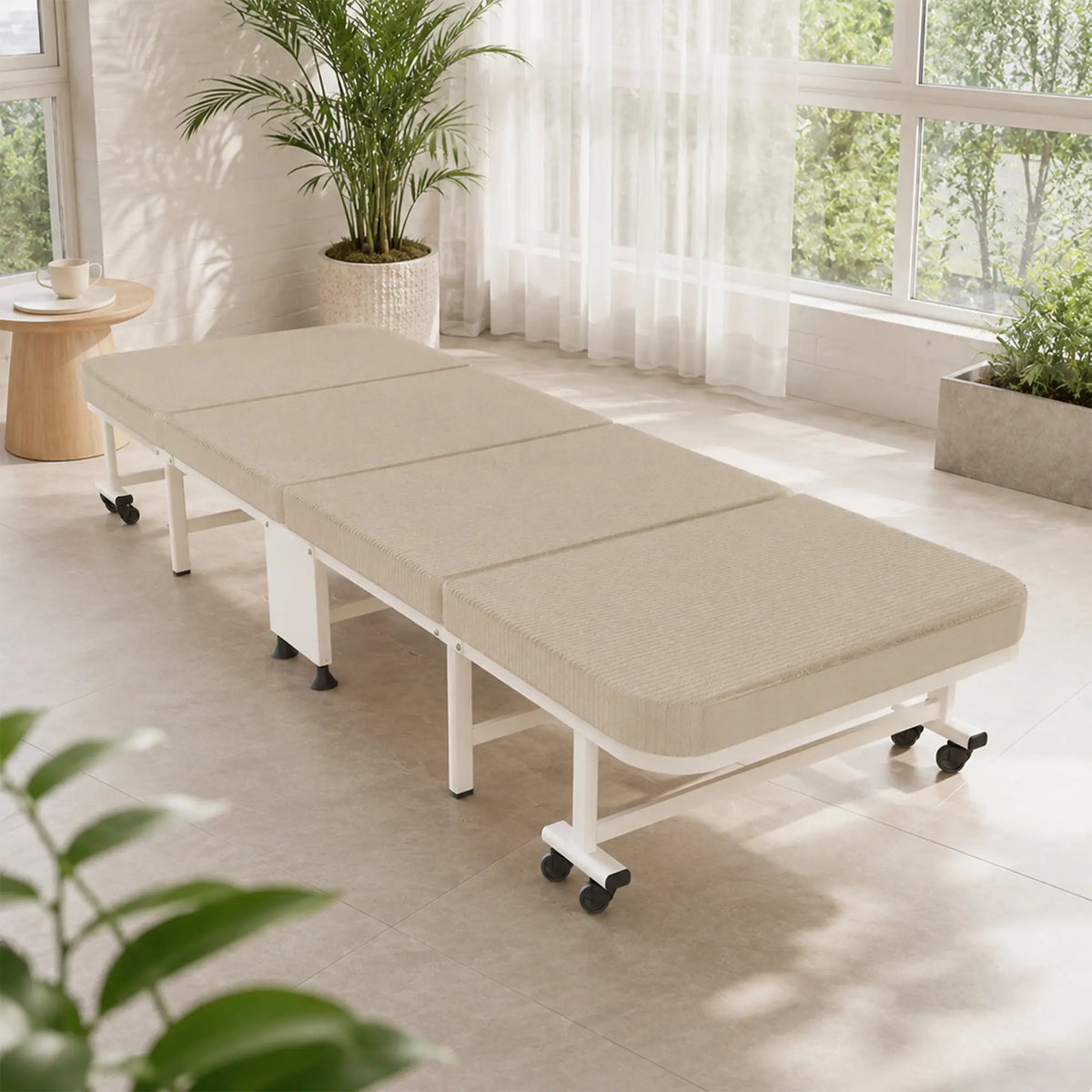 LIVARA Folding Single Bed 5-Position Adjustable Backrest, Foam Mattress & Steel Frame - 60/90cm Rollaway Bed for Home & Hospital - White