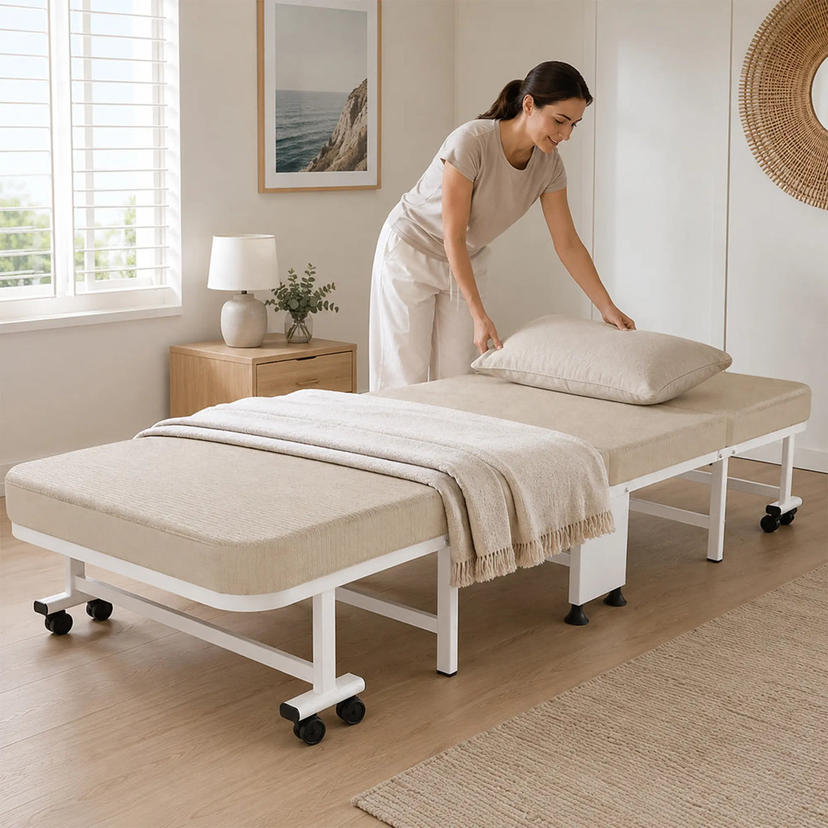 LIVARA Folding Single Bed 5-Position Adjustable Backrest, Foam Mattress & Steel Frame - 60/90cm Rollaway Bed for Home & Hospital - White