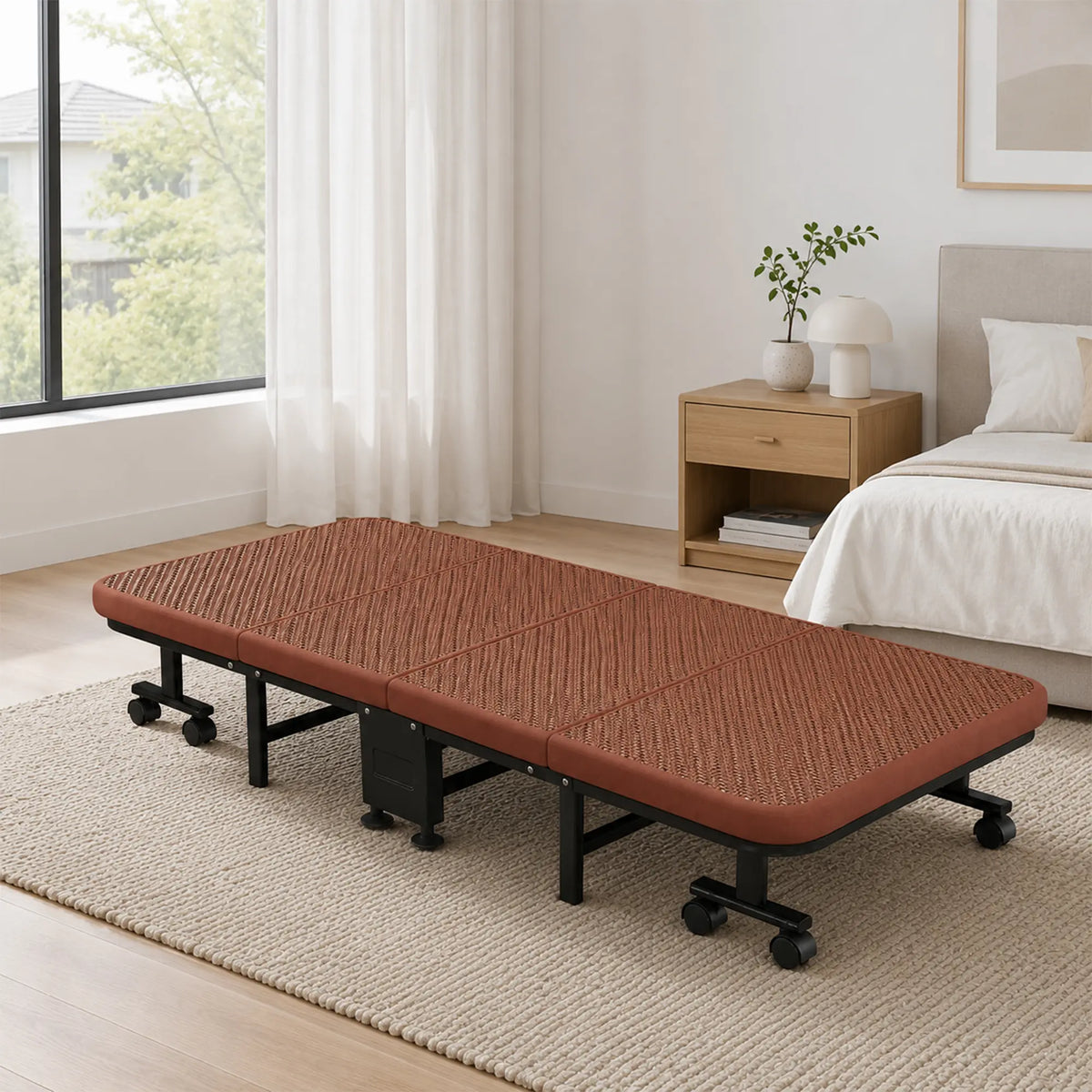 LIVARA Folding Single Bed Fold Design, 4.5cm Foam Mattress with Breathable Ice Silk Rattan & Swivel Wheels - 60/90cm for Home & Office - Brown