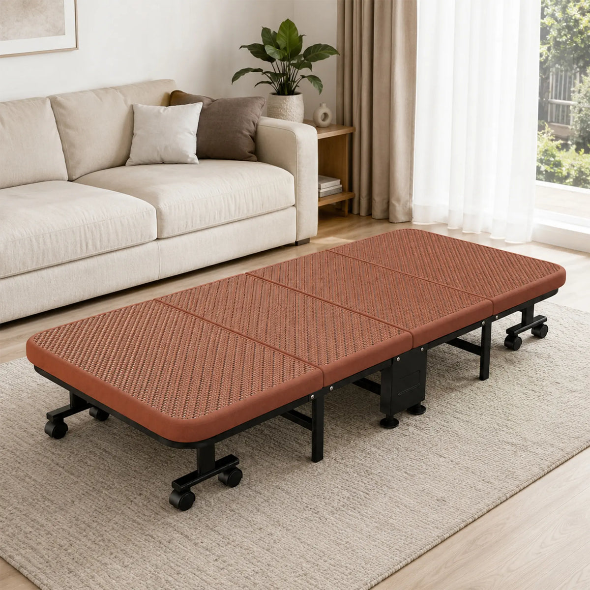 LIVARA Folding Single Bed Fold Design, 4.5cm Foam Mattress with Breathable Ice Silk Rattan & Swivel Wheels - 60/90cm for Home & Office - Brown