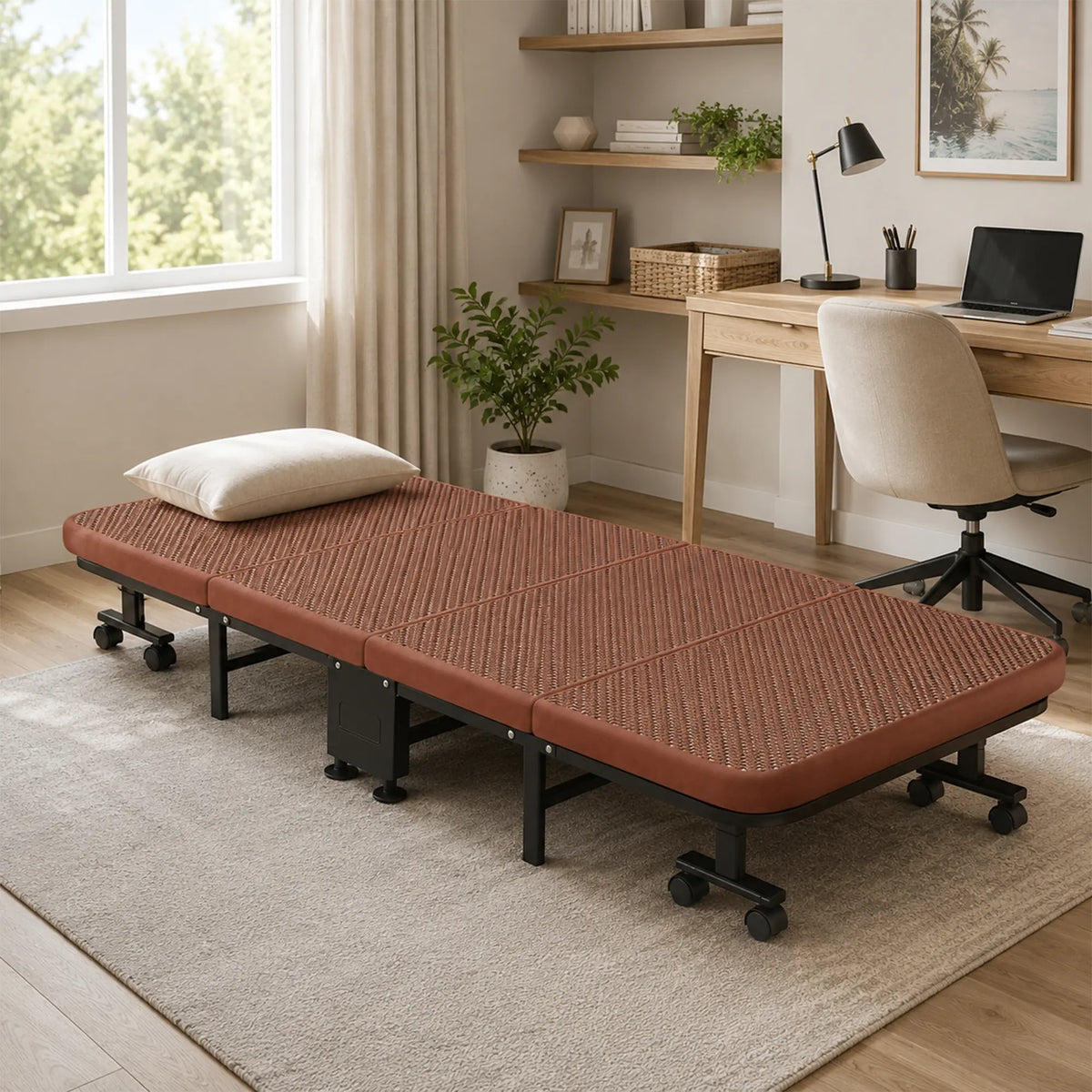 LIVARA Folding Single Bed Fold Design, 4.5cm Foam Mattress with Breathable Ice Silk Rattan & Swivel Wheels - 60/90cm for Home & Office - Brown