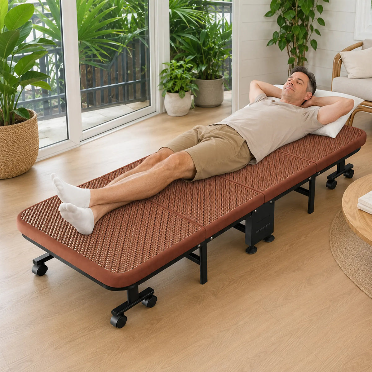 LIVARA Folding Single Bed Fold Design, 4.5cm Foam Mattress with Breathable Ice Silk Rattan & Swivel Wheels - 60/90cm for Home & Office - Brown