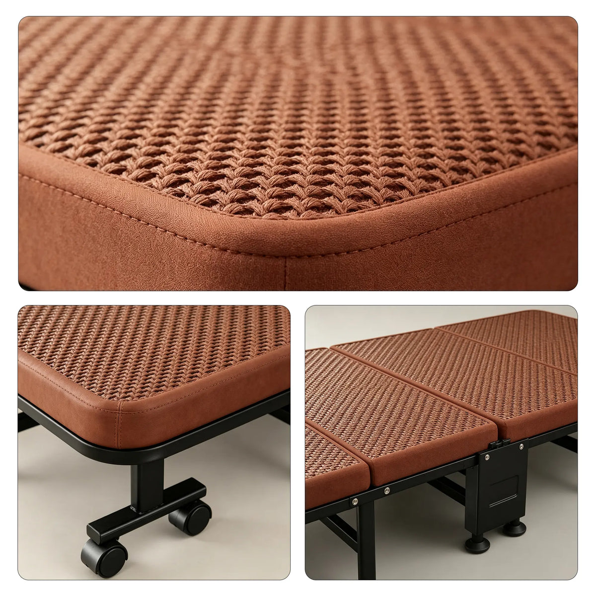LIVARA Folding Single Bed Fold Design, 4.5cm Foam Mattress with Breathable Ice Silk Rattan & Swivel Wheels - 60/90cm for Home & Office - Brown