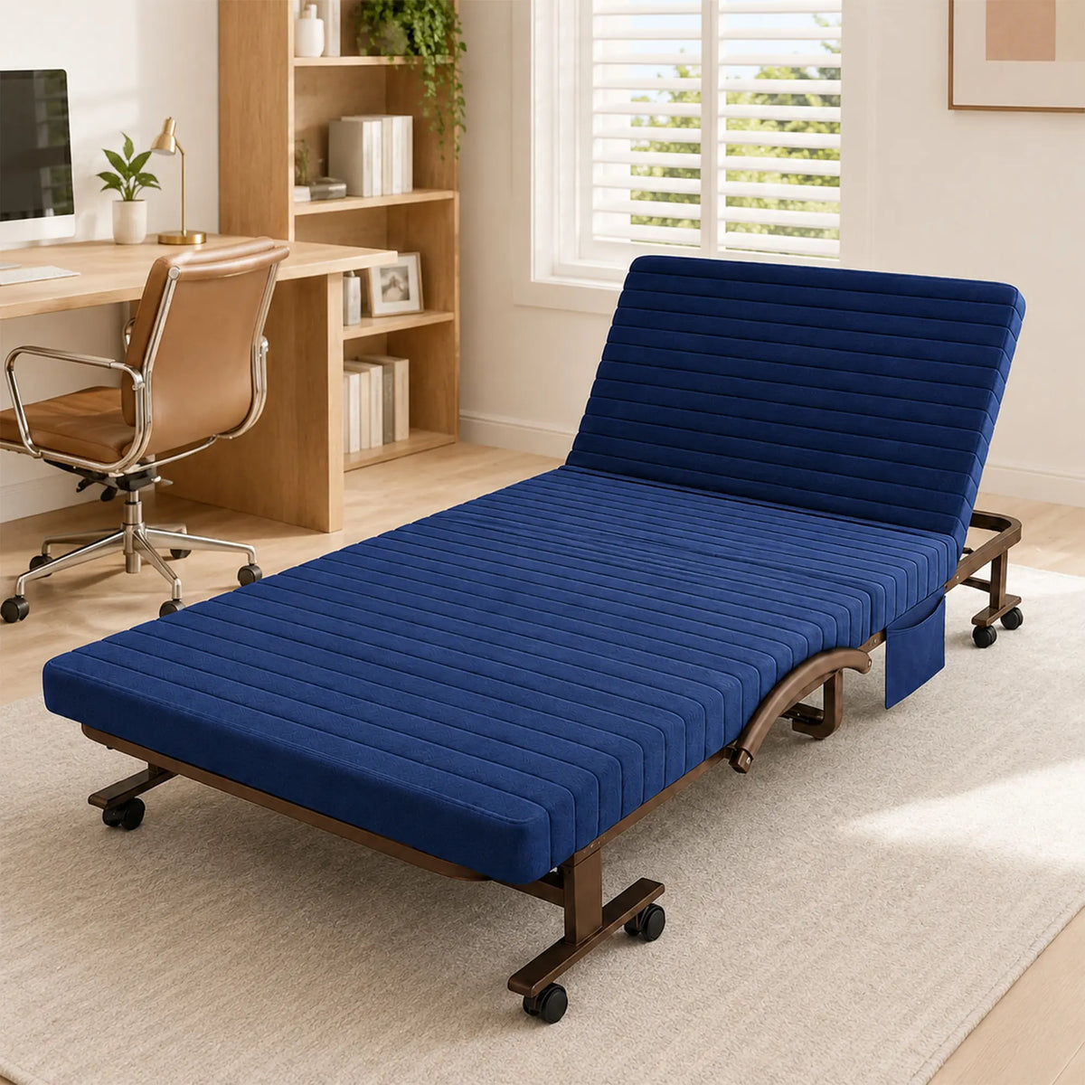 LIVARA Folding Single Bed 7cm Thick Foam Mattress, Curved Armrests & Reinforced Steel Frame - 60/90cm Rollaway Bed for Home & Office - Dark Blue