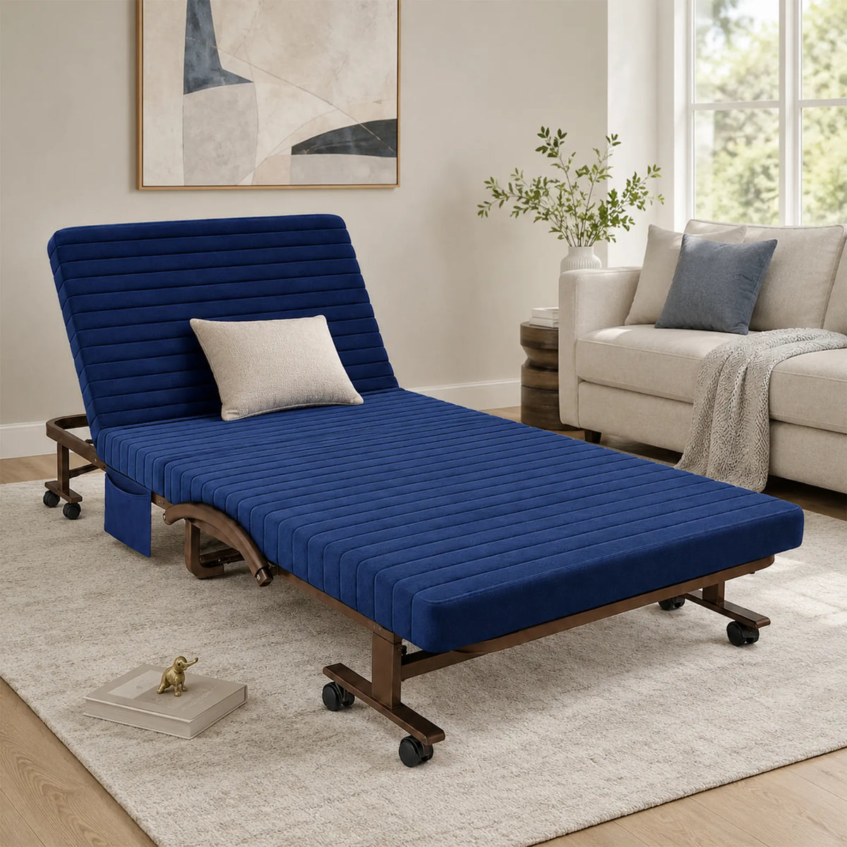 LIVARA Folding Single Bed 7cm Thick Foam Mattress, Curved Armrests & Reinforced Steel Frame - 60/90cm Rollaway Bed for Home & Office - Dark Blue
