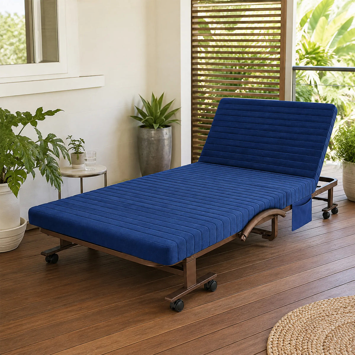 LIVARA Folding Single Bed 7cm Thick Foam Mattress, Curved Armrests & Reinforced Steel Frame - 60/90cm Rollaway Bed for Home & Office - Dark Blue
